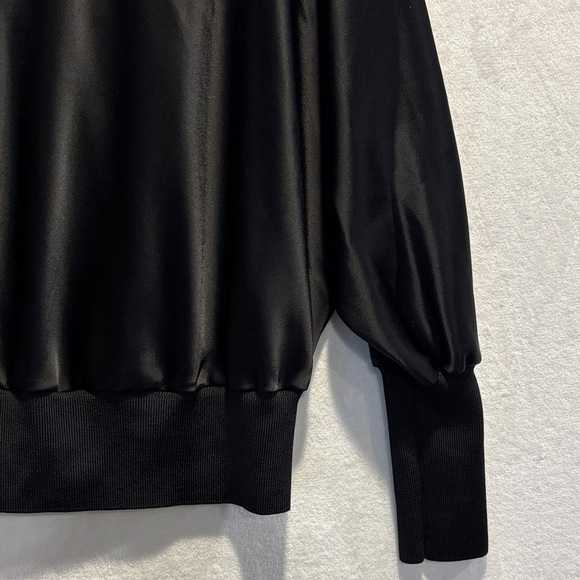 St. John Satin Black Blouse Knit Trim Cowl Neck Dolman Sleeve Top Size Medium - Picture 12 of 16